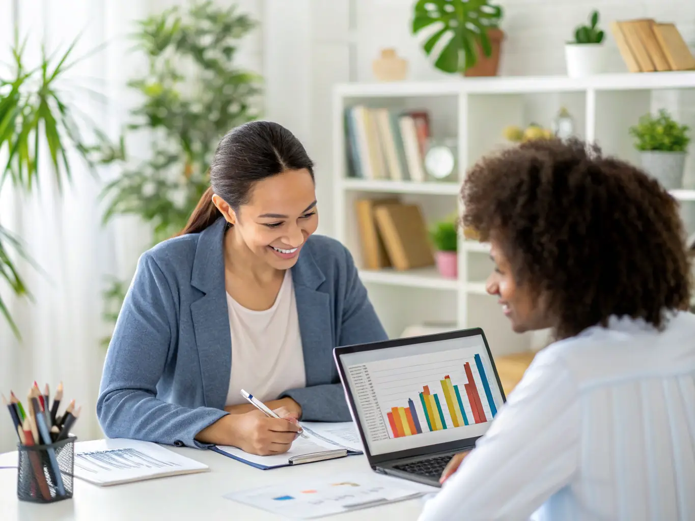 An image of a financial planner discussing a plan with a client using charts and documents in a professional office setting, representing financial planning services.