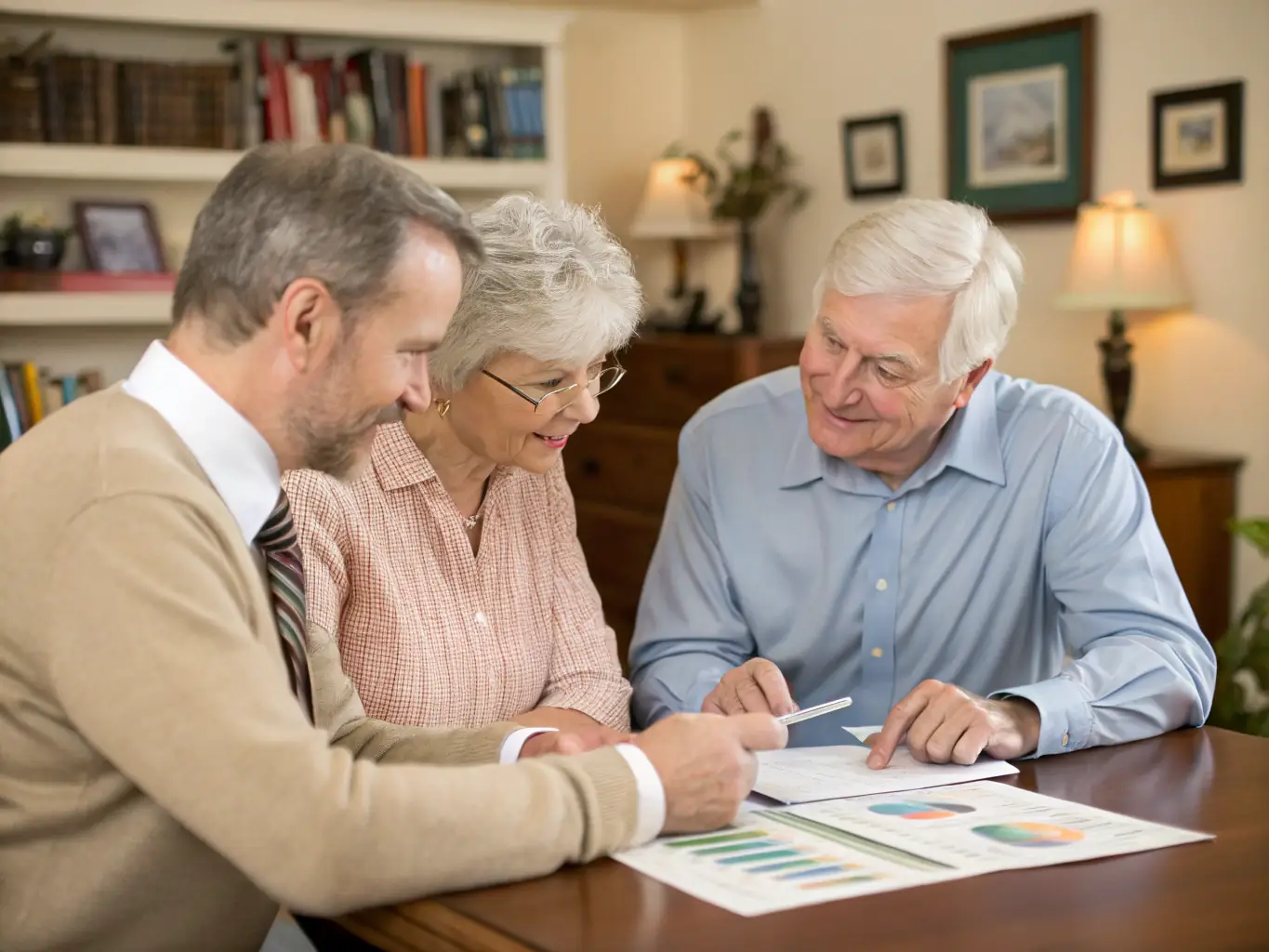 A financial planner discussing retirement options with a couple, highlighting the importance of long-term financial security.
