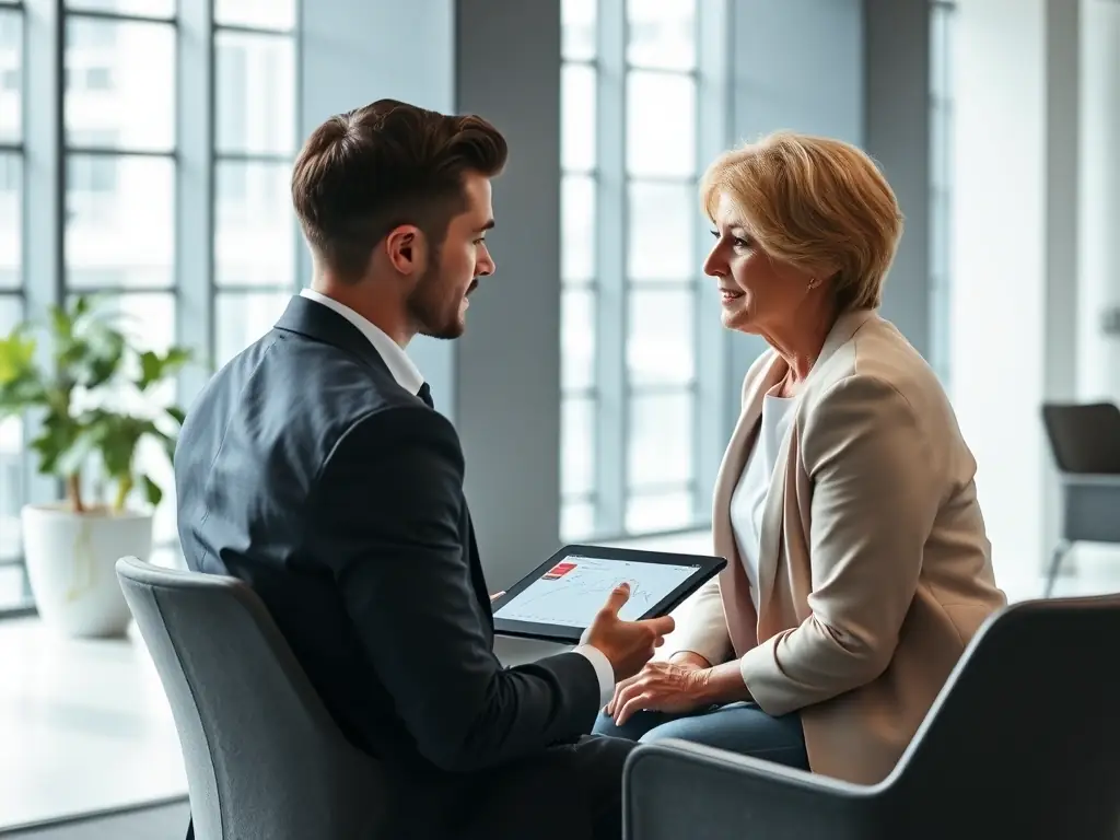 A professional advisor reviewing a portfolio performance chart with a client in a modern office setting, emphasizing data-driven asset management.