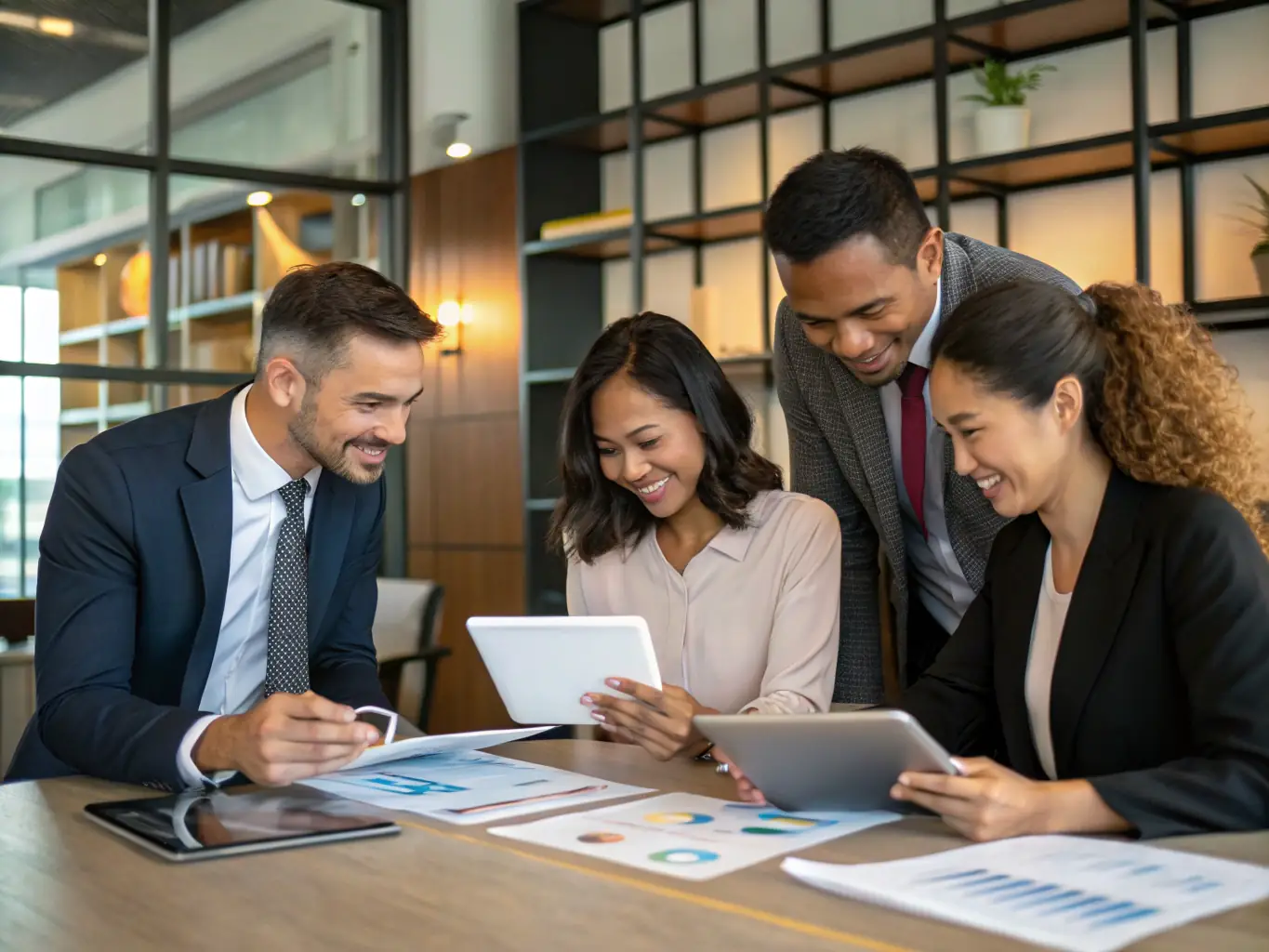 A diverse team of financial consultants collaborating on investment strategies in a bright, modern office, showcasing expertise and teamwork.