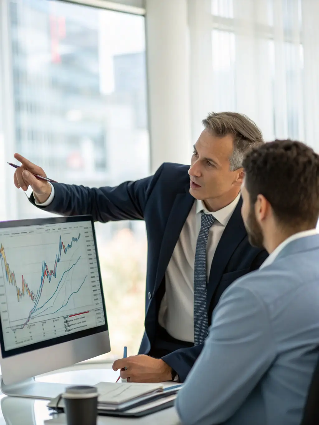 A professional advisor reviewing a client's investment portfolio in a modern office setting, emphasizing strategic asset allocation and growth potential.